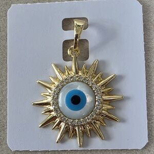 Gold Filled Charm Pendant Sun with Evil Eye and Pave Crystals